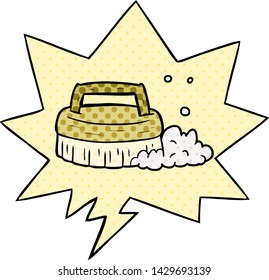 cartoon scrubbing brush with speech bubble in comic book style