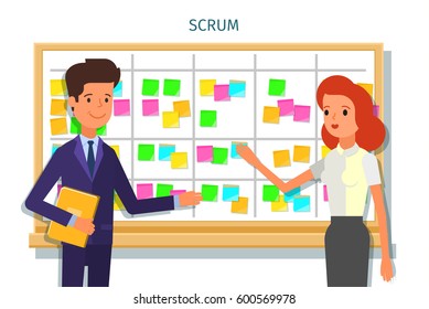 Cartoon Scrum Master. Business Man And Woman At The Scrum Board. Scrum Task Board With Sticky Note Cards. Flat Design, Vector Illustration.