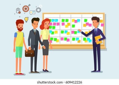 Cartoon Scrum Master. Business Man And Team At The Scrum Board. Scrum Task Board With Sticky Note Cards. Flat Design, Vector Illustration.