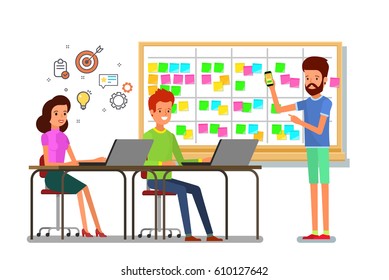 Cartoon scrum master. A man is planning a team work at the scrum board. Scrum task board with sticky note cards. Flat design, vector illustration.