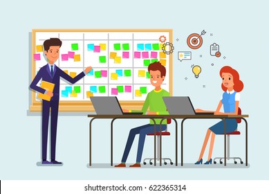 Cartoon Scrum Master. A Man Is Planning A Team Work At The Scrum Board. Scrum Task Board With Sticky Note Cards. Flat Design, Vector Illustration.