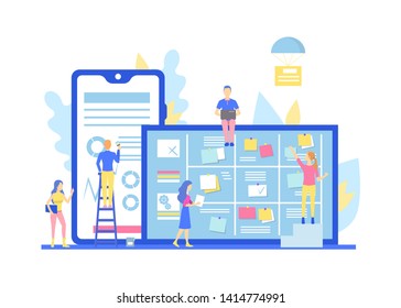 Cartoon Scrum Task Board Concept and Characters People Business Strategy Teamwork Project or Brainstorming Process Flat Design. Vector illustration