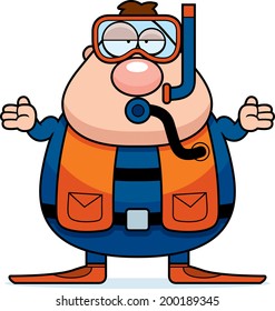 A cartoon scuba diver with a confused expression.