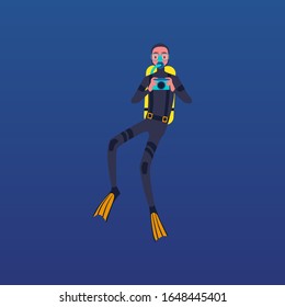 Cartoon scuba diver holding camera and taking picture underwater - male photographer diving and making photos in full costume. Flat isolated vector illustration