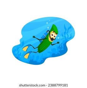 Cartoon scuba diver pasta character on summer beach vacation. Cute italian penne macaroni vector personage diving into sea water with diving suit, mask and flippers on underwater landscape background