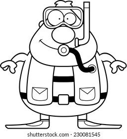 A cartoon scuba diver standing and smiling.