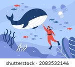  cartoon scuba diver and whale swimming in sea or ocean. Man in aquarium with different types of fishes, tropical jellyfish flat vector illustration. Wildlife, marine biology concept for banner
