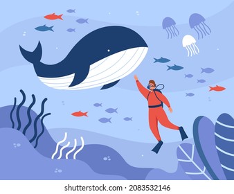  cartoon scuba diver and whale swimming in sea or ocean. Man in aquarium with different types of fishes, tropical jellyfish flat vector illustration. Wildlife, marine biology concept for banner