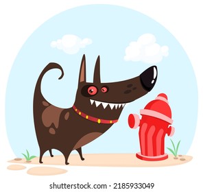 Cartoon sdog sniffing fire hydrant. Vector illustration isolated