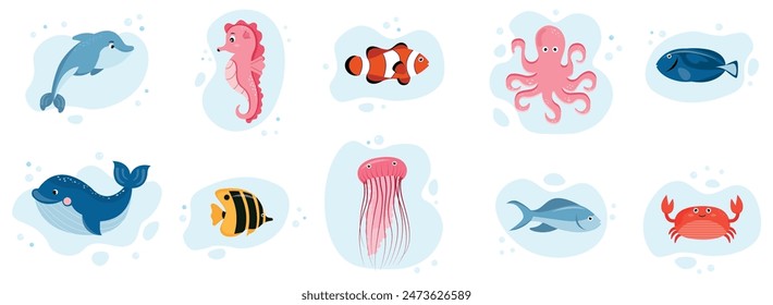 Cartoon Sea animal set. Tropical ocean animals, fish, octopus, crab, seahorse and dolphin. Cute and jellyfish, marine creature. Vector