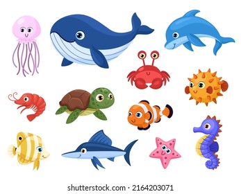 Cartoon sea animal  Tropical ocean animals  funny fish  turtle   dolphin  Cute whale   jellyfish  marine creature  Garish underwater vector characters