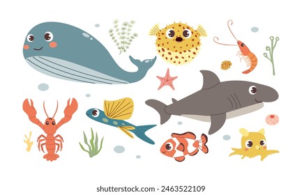 Cartoon sea animal. Tropical ocean animals, clown fish, lobster ,shrimp ,shark ,ballo0n fish . Cute whale marine creature .Various underwater vector characters