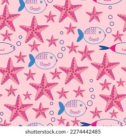 Cartoon sea animals background. Seamless pattern with cute funny starfish. Pink background.