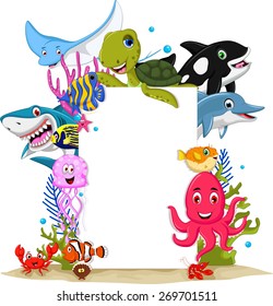 cartoon sea animals with blank sign for you design