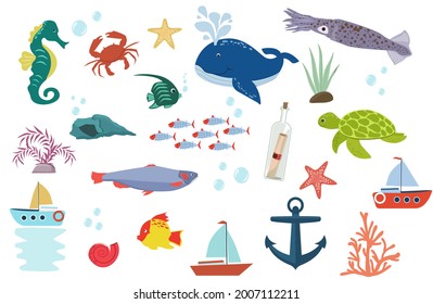 Cartoon sea animals and boats. Cute ocean fish, whale, turtle, squid, seahorse, crab, algae. A set of vector illustrations of underwater creatures of marine nature.
