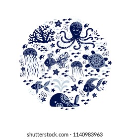 Cartoon sea animals in circle shape. Cute underwater creatures: whale, octopus, jellyfish, starfish and turtles. Perfect for greeting cards, prints and children designs. Vector nautical design.