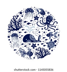 Cartoon sea animals in circle shape. Cute underwater creatures: whale, octopus, jellyfish, starfish and turtles. Perfect for greeting cards, prints and children designs. Vector nautical design.