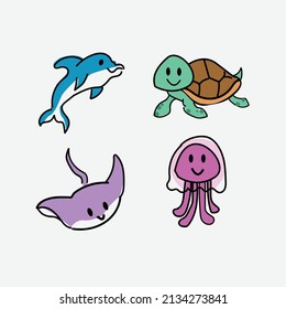 Cartoon sea animals. Cute animals icon. Underwater wildlife creatures vector illustration