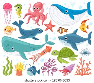 Мультяшные морские животные. Симпатичные океанские рыбы, осьминоги, акулы и черепахи, медузы, крабы и тюлени. Набор векторных иллюстраций подводных животных