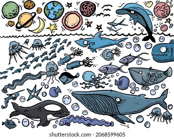 Cartoon sea animals. Cute ocean fish, octopus, shark and turtle, jellyfish, crab and seal. Underwater wildlife creatures vector illustration set