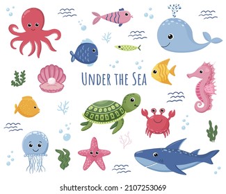 Cartoon sea animals. Cute ocean fish, octopus, shark and turtle, jellyfish, crab and seal, fishes Underwater wildlife creatures vector illustration set.