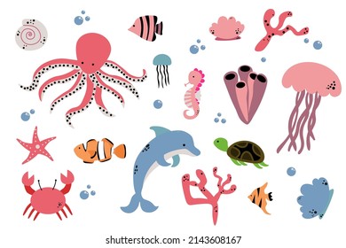 Cartoon sea animals. Cute ocean fish, octopus, and turtle, jellyfish, crab and seal. Underwater wildlife creatures vector illustration set EPS