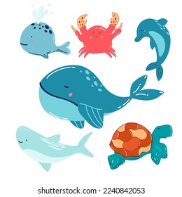 Cartoon sea animals. Cute ocean fish, shark and turtle, jellyfish, crab and seal. Underwater wildlife creatures vector illustration set
