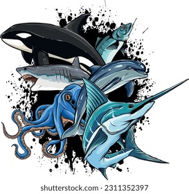 Cartoon sea animals. Cute ocean fish, octopus, shark and killer whale