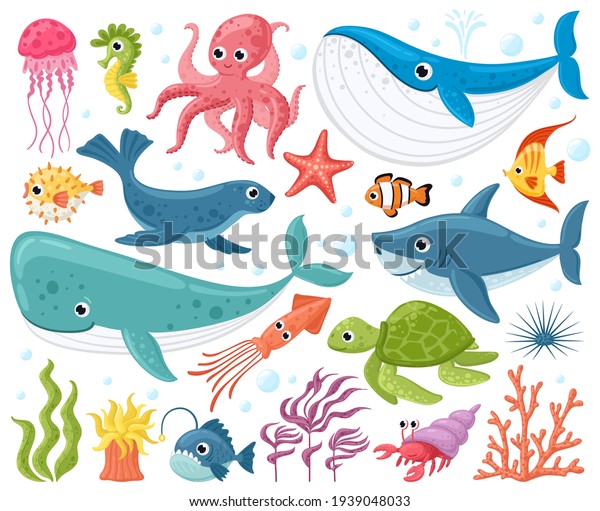 Cartoon sea animals. Cute ocean fish, octopus, shark\
and turtle, jellyfish, crab and seal. Underwater wildlife creatures\
vector illustration\
set