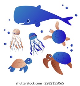 Cartoon sea animals. Cute Whale, turtles and jellyfish. Underwater wildlife creatures vector illustration set.