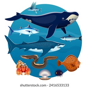 Cartoon sea animals and fishes of ocean world with big whale, shark and seashell, vector poster. Ocean exotic flying fish, tuna with herring, pearl shell and flounder with eel and sea urchin