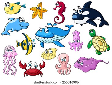 Cartoon sea animals with happy emotions isolated on white for wildlife or mascot design