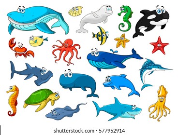 Dibujo de iconos de animales marinos. Pescado, tortuga marina, ballena, cangrejo, pez estrella, pulpo y medusa, caballito de mar y delfín, tiburón, concha, calamar y camarón, estingray y marlín, ballena asesina y tiburón martillo