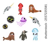 cartoon sea animals, including narwhals, squid, walrus, jellyfish, sea urchins, seals, and penguins, in a colorful playful design educational book page sheet printable