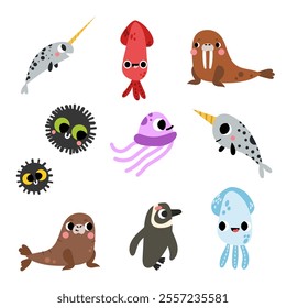 cartoon sea animals, including narwhals, squid, walrus, jellyfish, sea urchins, seals, and penguins, in a colorful playful design educational book page sheet printable