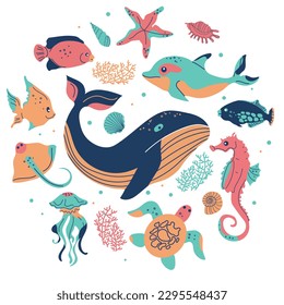 Cartoon sea animals. Inhabitants of the sea world, cute, funny underwater creatures dolphin, seahorse,whale, turtle, jellyfish.Set of underwater marine life vector illustrations.