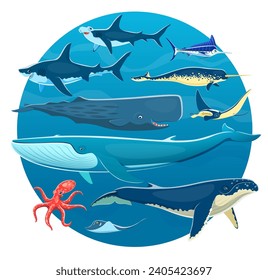 Cartoon sea animals, ocean underwater life fish, whales, octopus, sharks and rays. Vector marine animals of blue, sperm and humpback whales, hammerhead shark, narwhal, marlin, stingray and manta ray