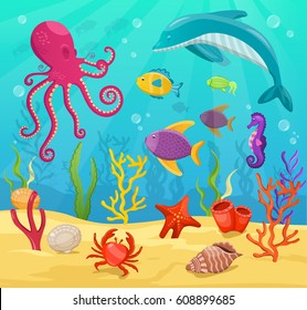 Cartoon sea animals on deep bottom background with octopus, dolphin, fish, seahorse, seashell, coral.