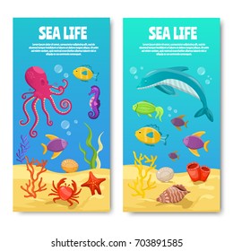 Cartoon sea animals on deep bottom vertical banners with octopus, dolphin, fish, seahorse, seashell, coral.