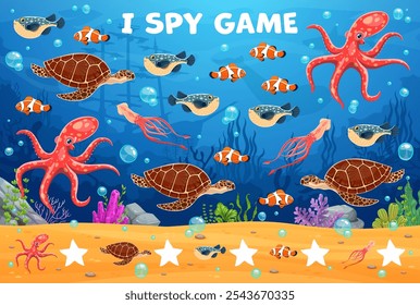 Animales de mar de dibujos animados en los niños que espío hoja de trabajo del juego, concurso de rompecabezas de Vector. Niños que espía juego para encontrar y emparejar la misma imagen de bajo el mar o el océano personajes divertidos de pulpo, tortuga y peces fugu con calamar