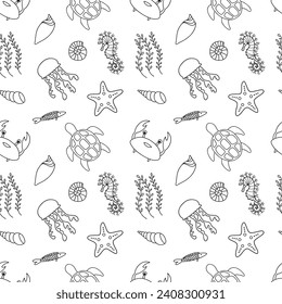 Cartoon sea animals on the seamless pattern. Crab, shells, turtle, sea horse, seaweed, fish, jelly fish, sea star. Underwater wildlife creatures. Vector illustration.