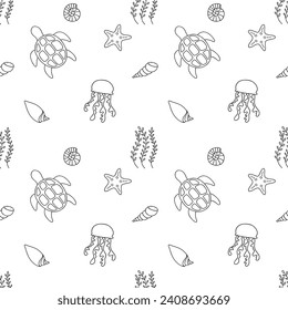 Cartoon sea animals on the seamless pattern. Shells, turtle, jellyfish. Underwater wildlife creatures. Vector illustration.