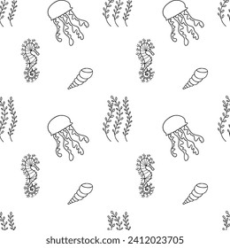 Cartoon sea animals on the seamless pattern. Shell, jellyfish, seaweed, seahorse. Underwater wildlife creatures. Vector illustration.