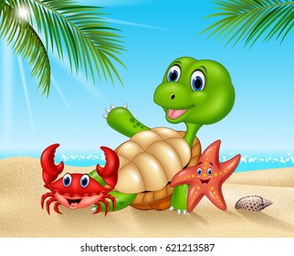 Cartoon sea animals relaxing on the beach