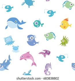 Cartoon sea animals, seamless pattern. Whale, shark, dolphin and other marine fish and animals. Vector background illustration.