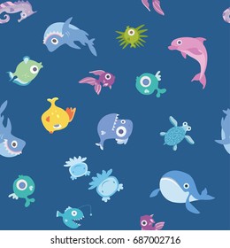 Cartoon sea animals, seamless pattern. Whale, shark, dolphin and other marine fish and animals. Vector background illustration.