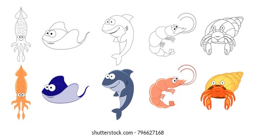 Cartoon sea animals set. Coloring book pages for kids. Squid, stingray, shark, shrimp, hermit crab.