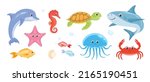 Cartoon sea animals set. Cute funny crab, fish, jellyfish, turtle, starfish, seahorse, dolphin and shark. Vector flat illustration isolated on white.