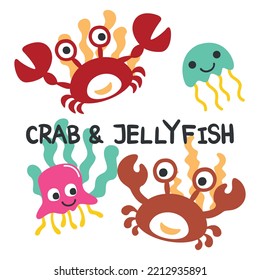 Cartoon sea animals set. Cute funny crab and jellyfish. can be used for kids baby t shirt print design, fashion graphic, baby shower card, celebration greeting and invitation card