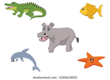 Cartoon sea animals set, cute funny alligator, fish, hippo, dolphin and starfish vector flat.